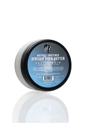 Jar of whipped unrefined African shea butter on a white background