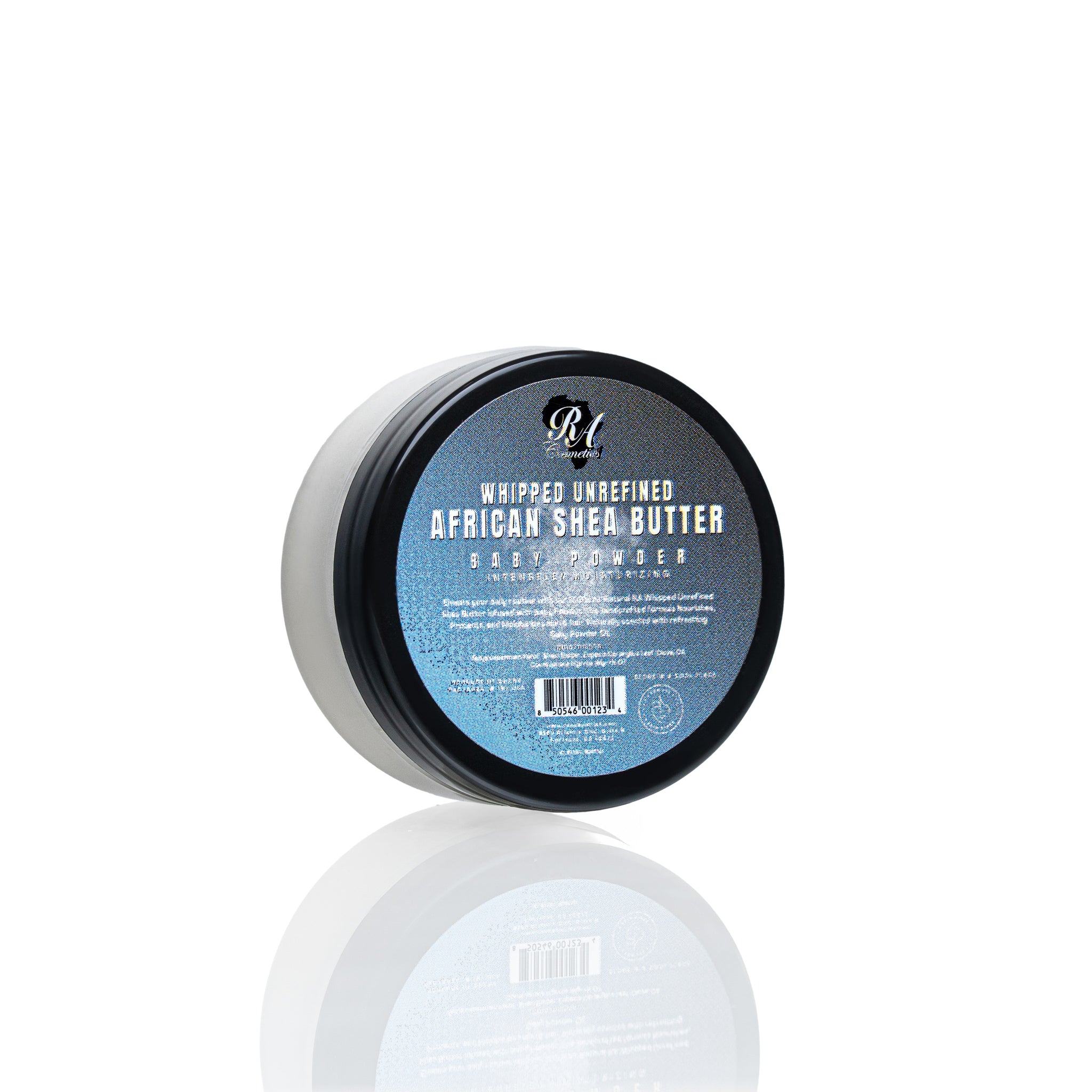 Jar of whipped unrefined African shea butter on a white background