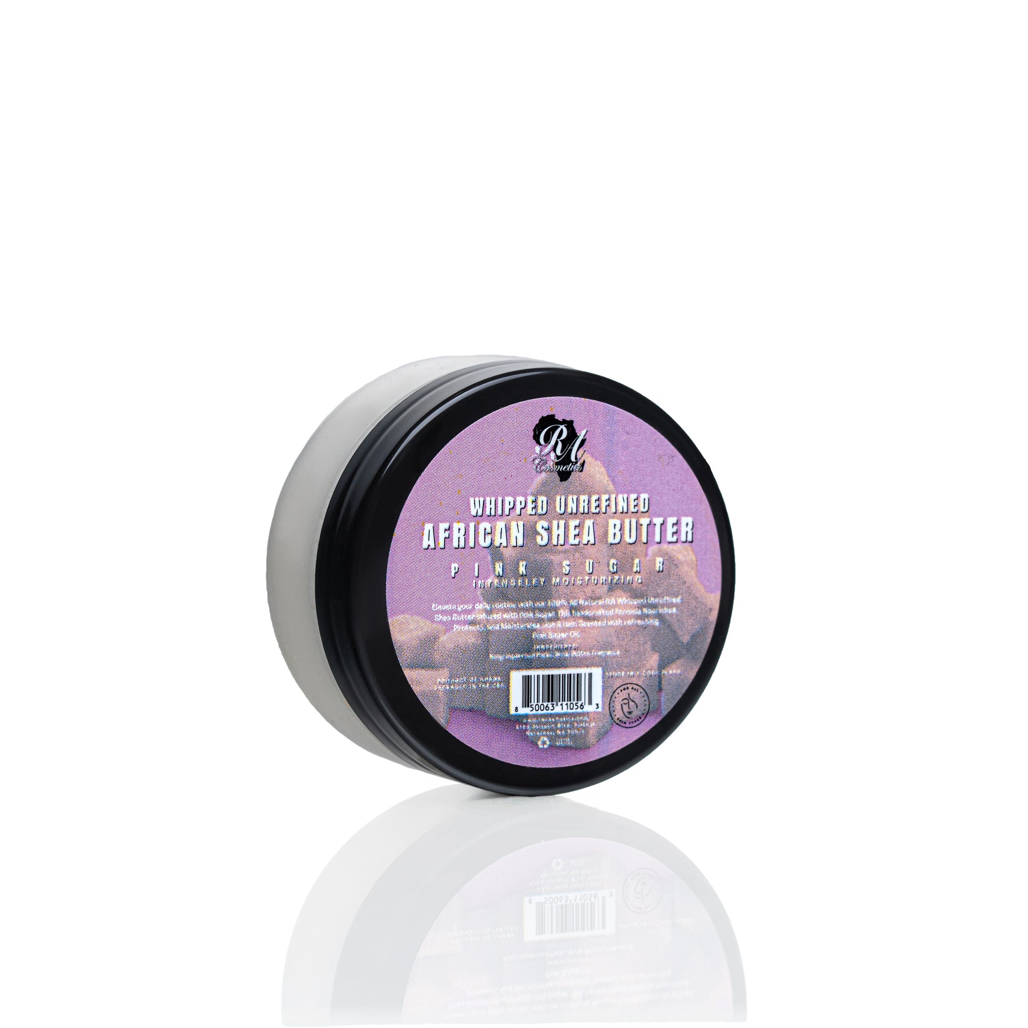 Jar of whipped unrefined African shea butter with a purple label on a white background