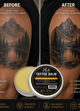 Before and after comparison of a tattoo using RA Cosmetics Tattoo Balm, showing improved skin condition and tattoo clarity.