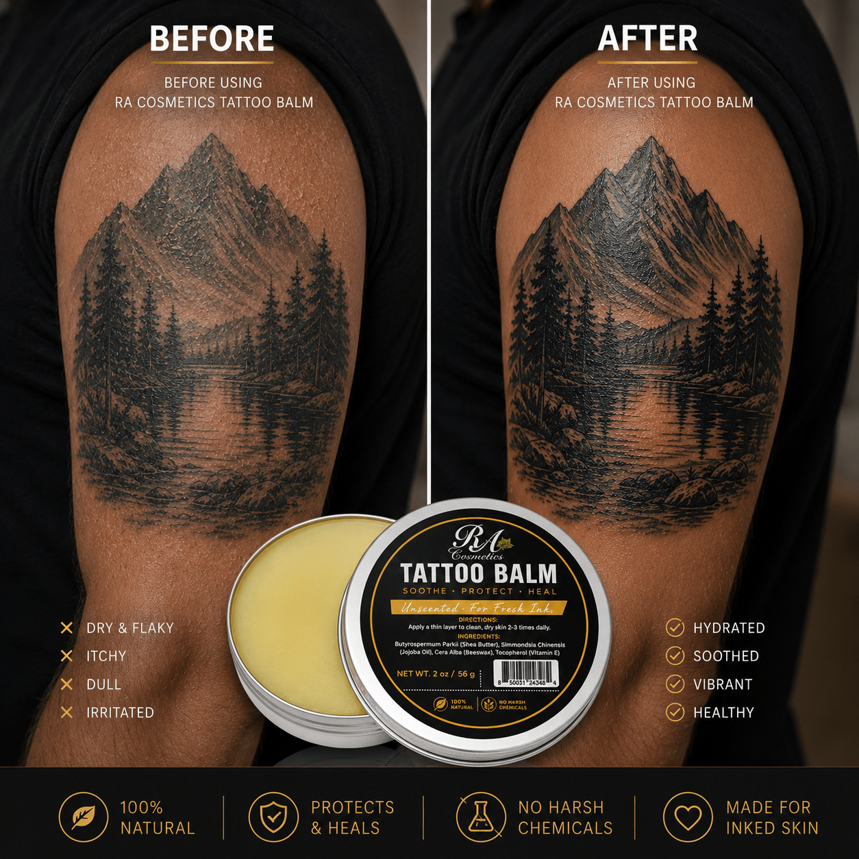 Before and after comparison of a tattoo using RA Cosmetics Tattoo Balm, showing improved skin condition and tattoo clarity.