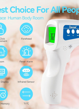 Infrared thermometer with features listed on a blurred background