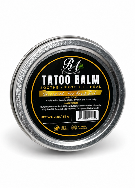 Tattoo balm container with black label on a white background